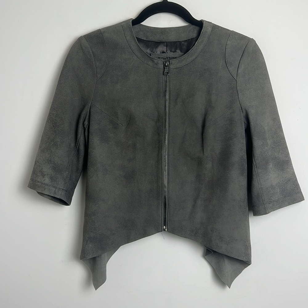 NEW My Tribe Medium Grey 1/2 Sleeve Ruffle‎ Back Leather Sharkbite Hem Jacket